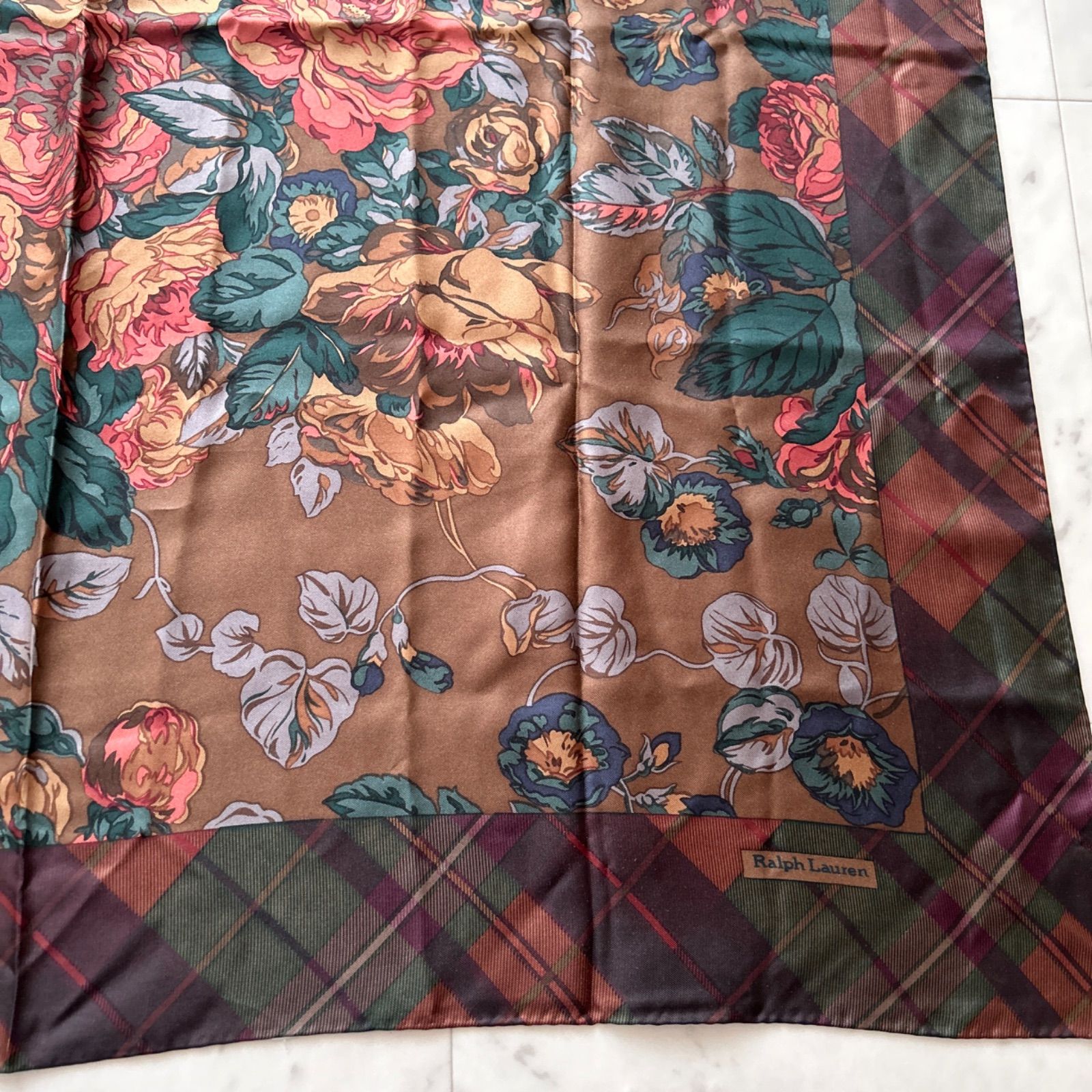 美品 Ralph Lauren 大判シルクスカーフ 花柄 90×90 チェック