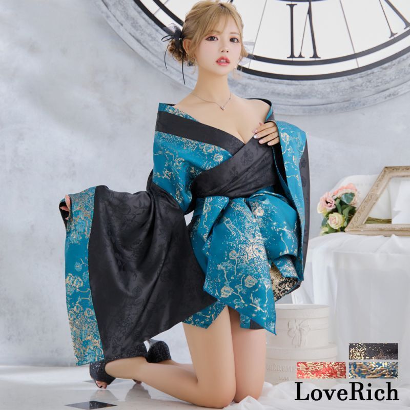 LoveRich ラブリッチ 3 |2点セット 和柄 花柄 オフショル ミニ 豪華 帯 リボン 花魁 着物 ドレス コスプレ イベント ハロウィン 1318