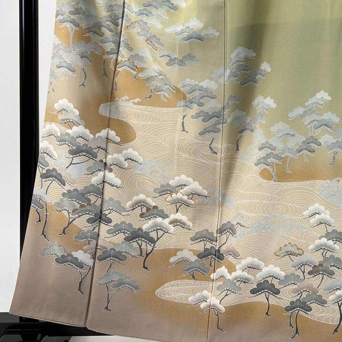 訪問着 身丈160.5cm 裄丈65cm M 袷 松 波頭 金糸 金彩 灰緑 正絹 秀品