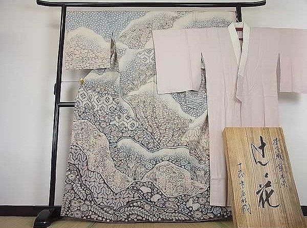 購入安い平和屋■最高級　十七代京屋林蔵　訪問着　襦袢セット　本結城紬　草木染　辻が花　逸品 s4063 結城紬