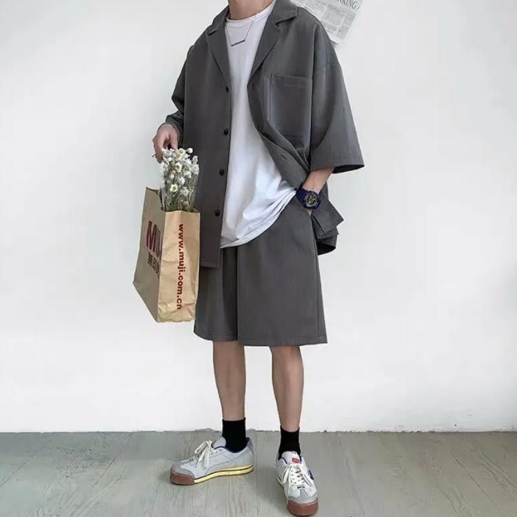 メンズ セットアップ 半袖ジッパージャケット ハーフパンツc2045 セットアップ メンズ 五分丈シャツ ジャケット ハーフパンツ