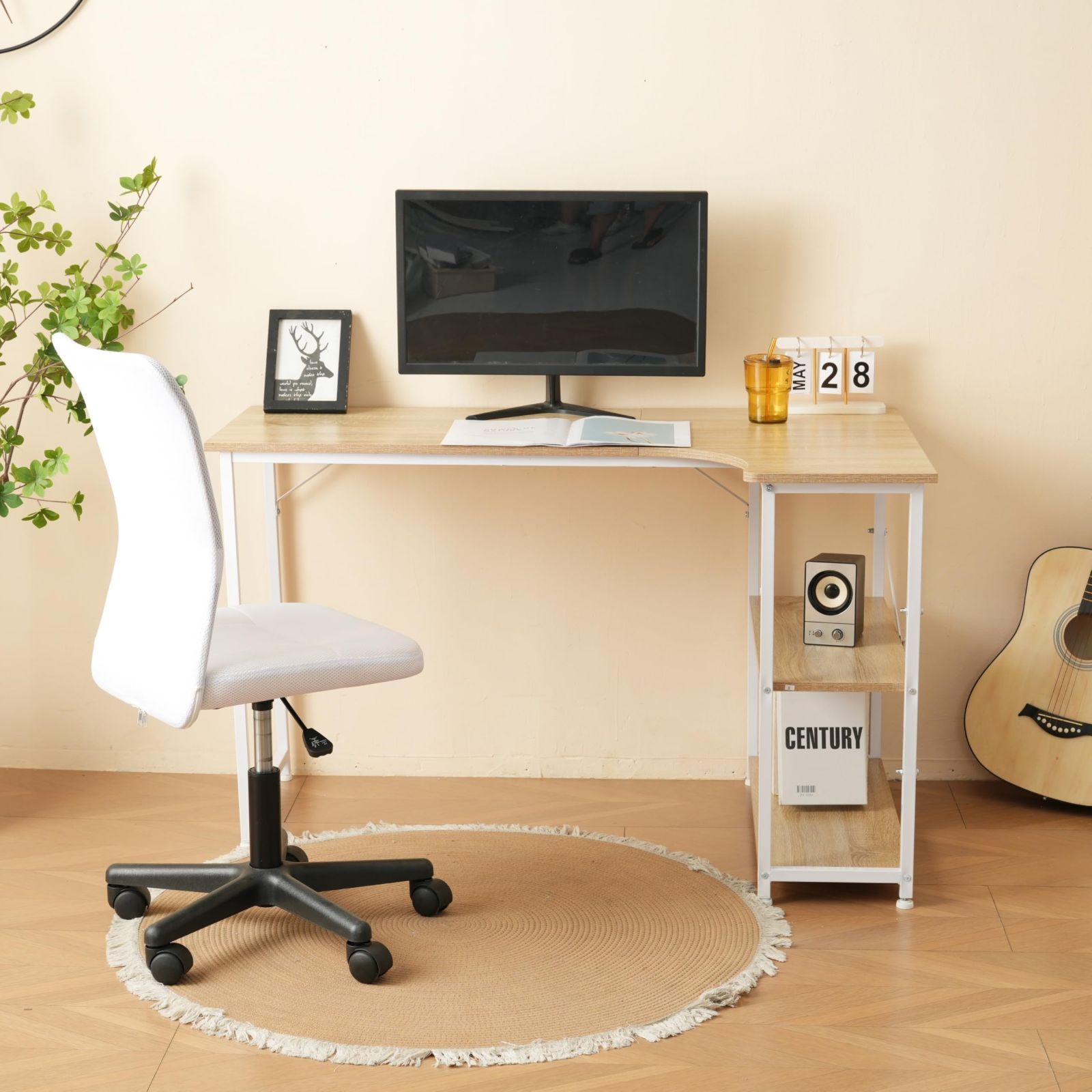 机 L字-右棚 120cm パソコンデスク 2段ラック付棚付き ラック付き デスク ワーク パソコンデスク 木製 学習 勉強机 PC ホワイト OSJ ゲーム オフィス 書斎 MARWIL-DEMENAGEMENTS_CH