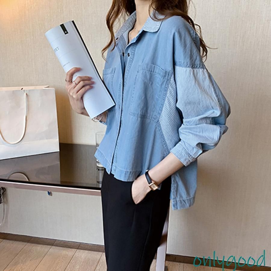 デニム風シャツ レディース 異素材切替 シャツブラウス カジュアル 長袖シャツ 春服 胸ポケット トップス 羽織り おしゃれ【ネコポス可】 デニム風シャツ レディース 異素材切替 シャツブラウス