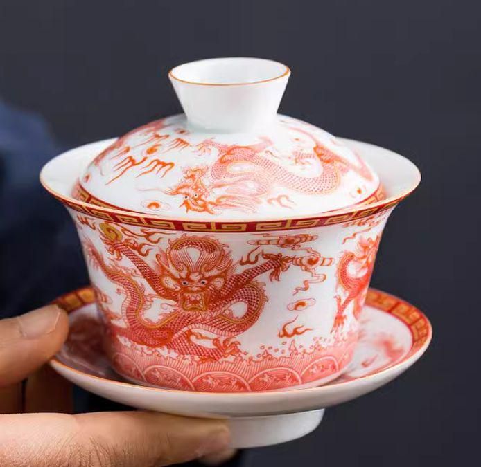 竜三才蓋碗 陶磁 茶器 茶碗 茶道具 香道具 装飾品 現代工芸品 〇茶器