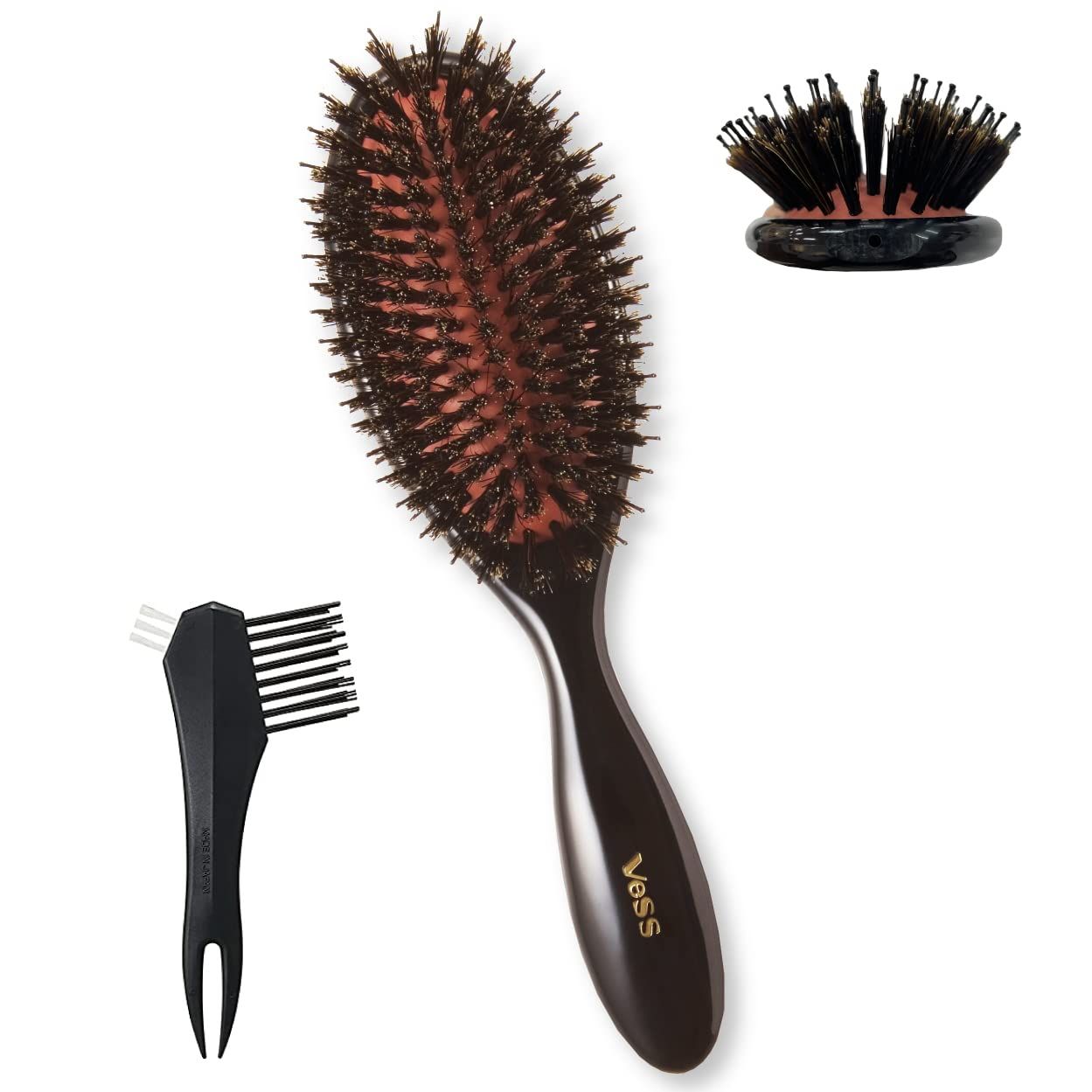 クッションブラシ 美容師さんの仕上げ ヘアブラシ 業務用メーカーが作る 豚毛/先玉ナイロン毛 ミックス 日本製 植毛 Vess (ブラシクリーナー付き) ベス C-501B