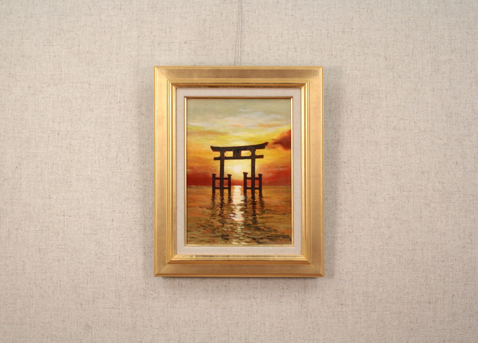 小林 功『白髭神社鳥居の日の出（琵琶湖）』油彩画【真作保証】 絵画 小林 功『白髭神社鳥居の日の出（琵琶湖）』油彩画【真作保証