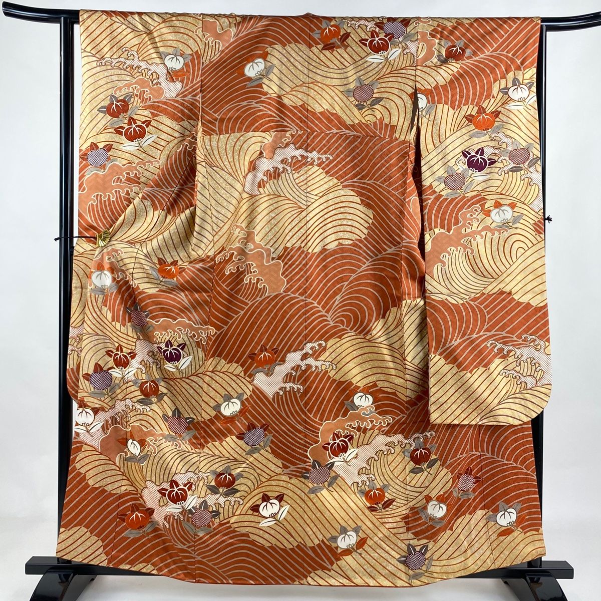 振袖 身丈159.5cm 裄丈63cm S 袷 吾妻徳穂 落款 橘 波頭 金糸 金彩 オレンジ 正絹 名品
