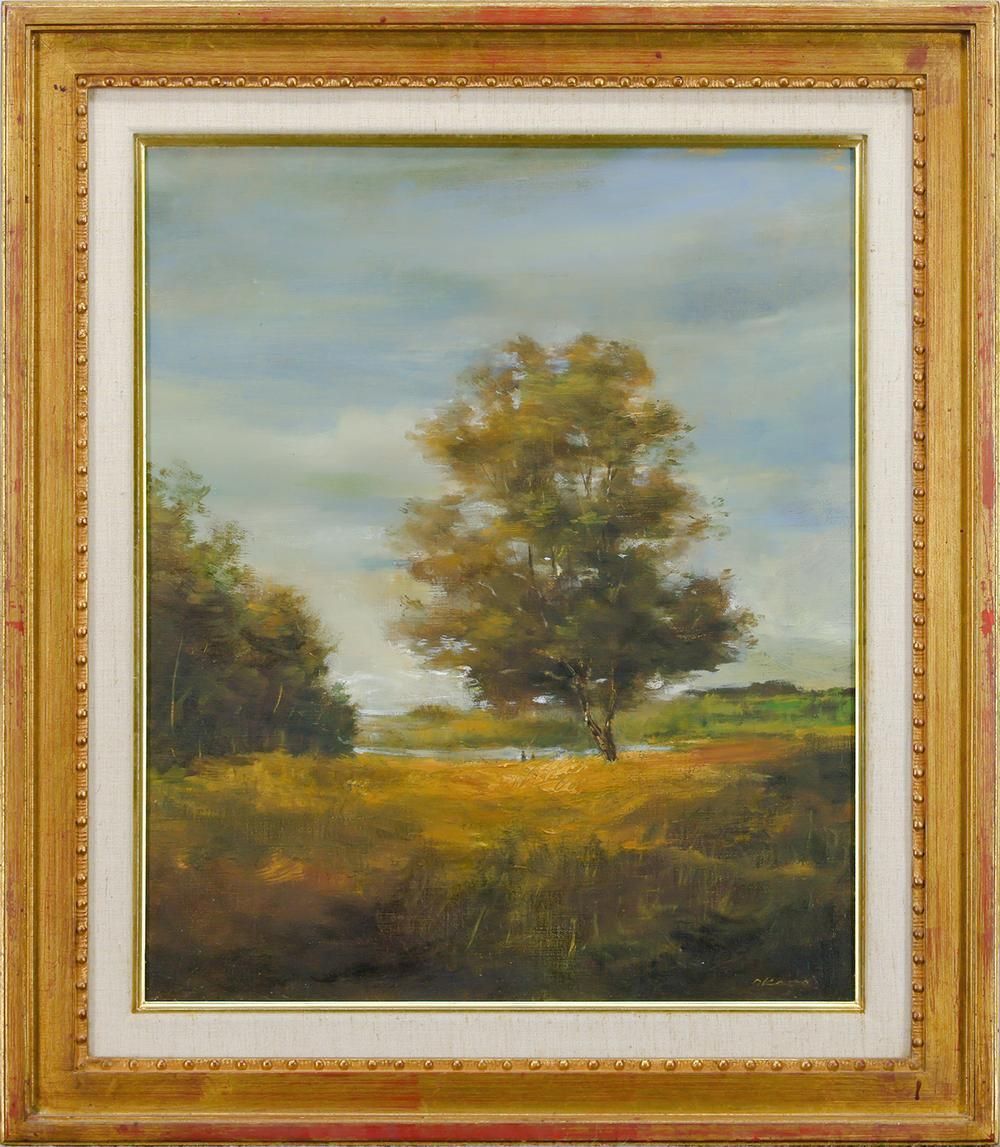 素朴な 真作 WISH 岡野浩二 秋色 油彩 8号 1972年作 ◆風薫る野に佇む一本の木 〇リアリズム人気画家 三栖右嗣らと活躍 25093217