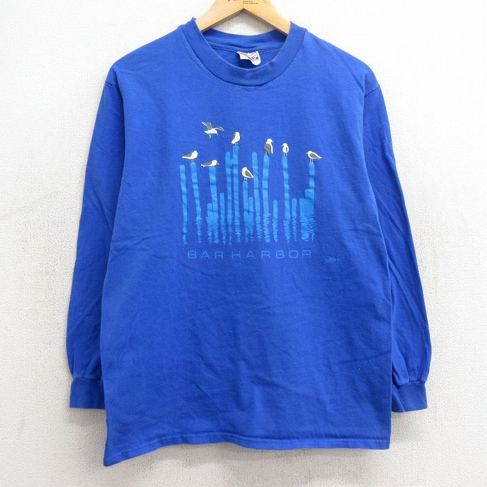 M/古着 ヘインズ 長袖 ビンテージ Tシャツ メンズ 80s 鳥 バーハーバー コットン クルーネック 青 ブルー 24jun04 中古