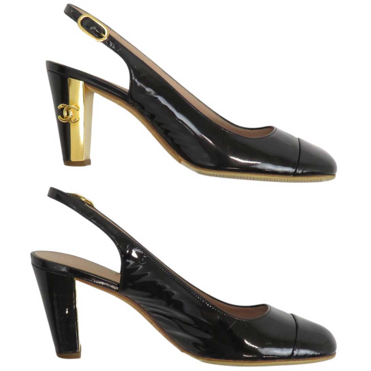 魅惑的な シャネル ココマーク バックストラップ パテント パンプス パテントレザー メタル レディース ブラック CHANEL アパレル 小物
