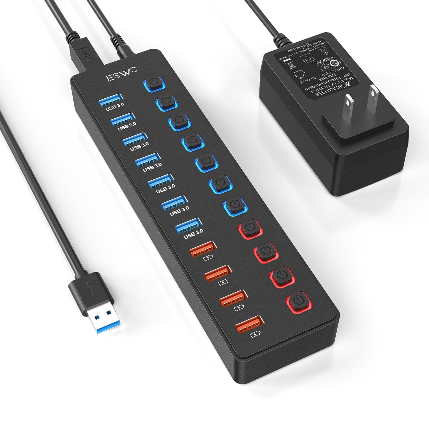 USB拡張 100cmケーブル セルフパワー/バスパワー 充電ポートx4 + 独立スイッチ付き 5Gbps高速伝送 USB3.0ポートx7 12V/3A電源アダプタ HUB ACアダプタ付き USB 11ポート MacBook/iMac/Surface 電源付