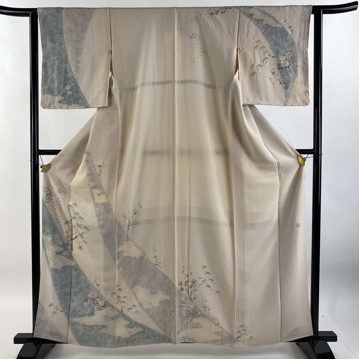 訪問着 身丈160.5cm 裄丈61.5cm S 袷 滝泰 落款 草花 霞 絞り 染め分け ベージュ 正絹 名品 【】