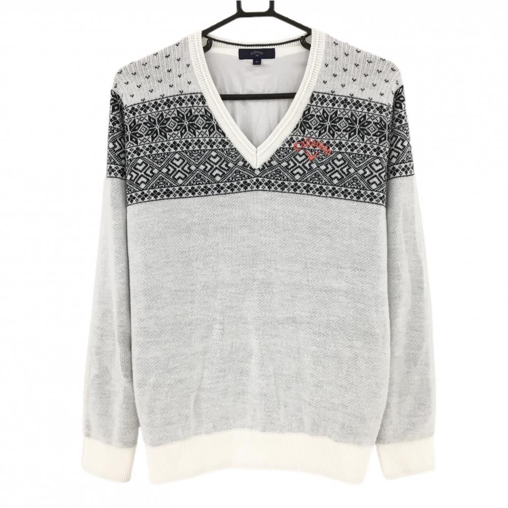 キャロウェイ セーター 白×黒 ノルディック柄 Vネック ロゴ刺しゅう