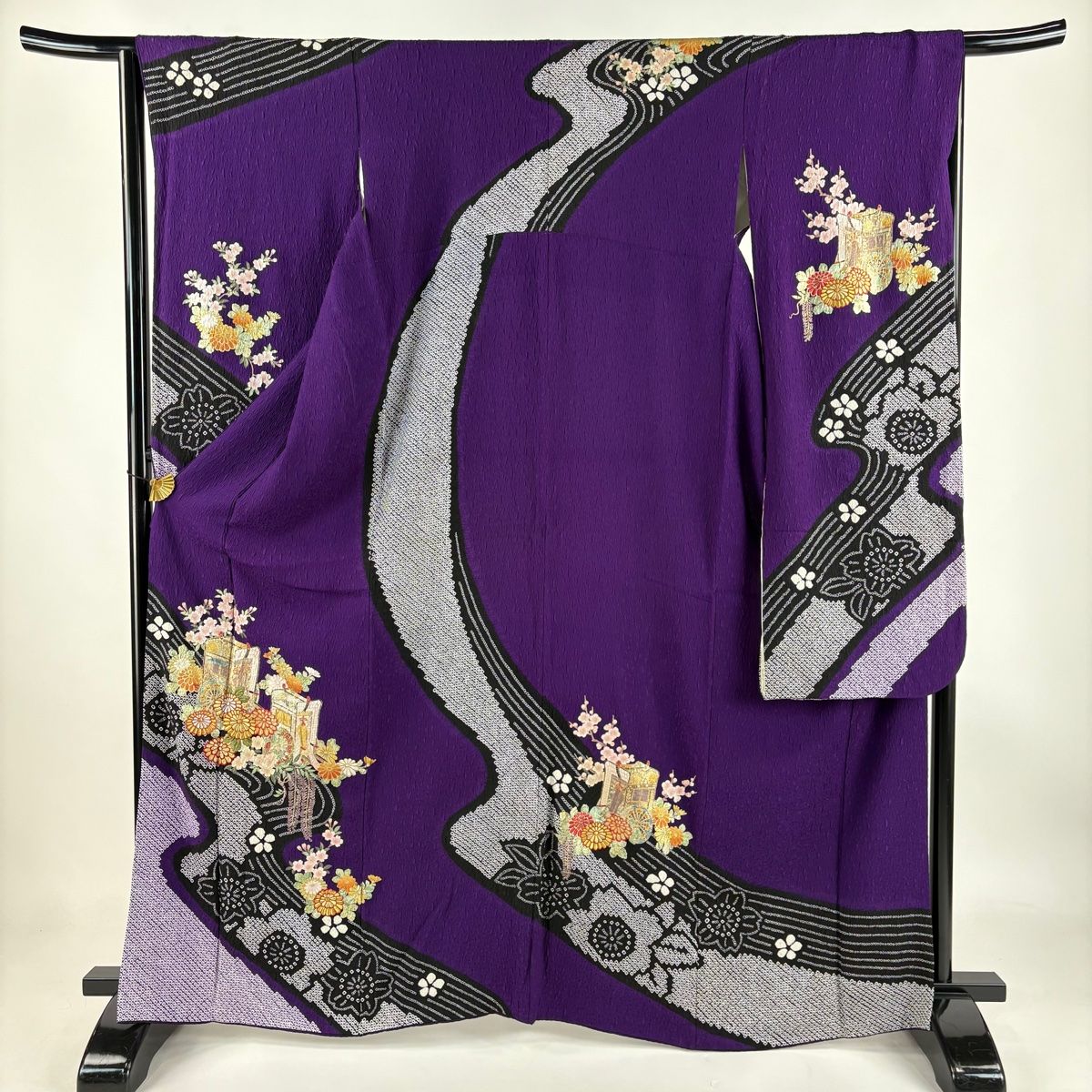 振袖 身丈163cm 裄丈64cm M 袷 やまと 菊 御所車 絞り 金銀糸 濃紫 正絹 秀品