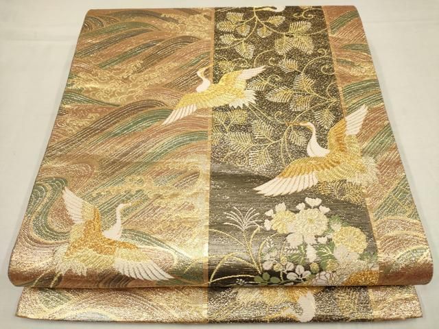 平和屋着物▽六通柄袋帯 飛鶴流水草花文 金糸 正絹 逸品