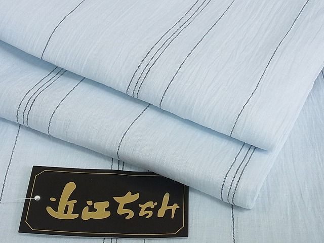 平和屋-こころ店□極上 夏物 織物の名産 近江ちぢみ 縞 藍白色地 着丈 