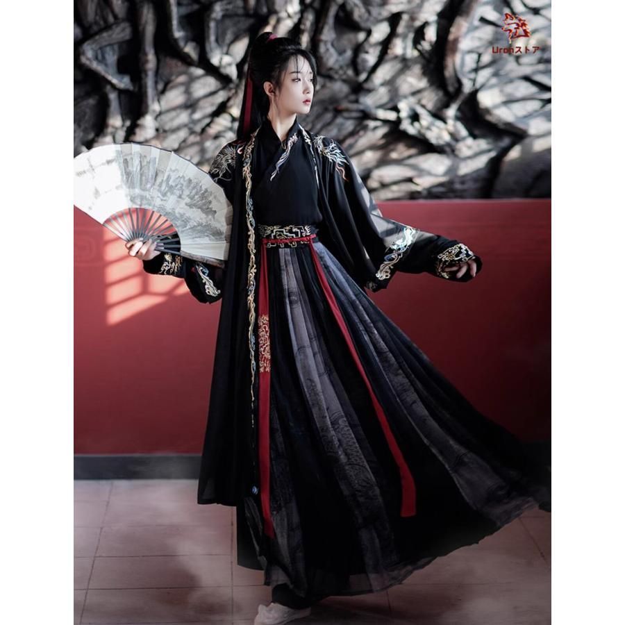 レジャー 上質 暗黒系 漢服 3点セットアップ レディース メンズ 男女兼用 羽織付き チャイナ服 大人 中華コスプレ衣装 エスニックな龍刺しゅう 刺繍縁取り BJ0903ML93
