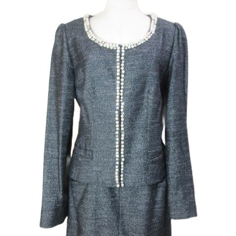 オースチン リード Austin Reed スーツ セットアップ フォーマル ビジュー ノー ジャケット スカート ひざ丈 台形 イタリア製生地 ネップ 40 L相当 紺 ネイビー X