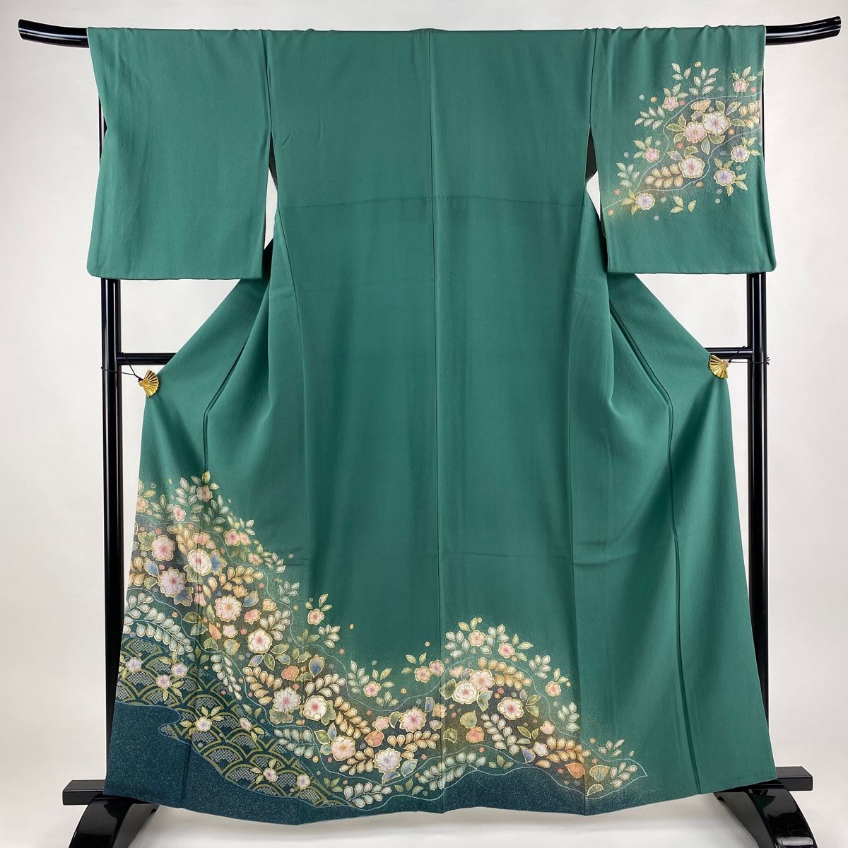 訪問着 身丈162cm 裄丈68cm L 袷 草花 絞り ぼかし 緑 正絹 名品  