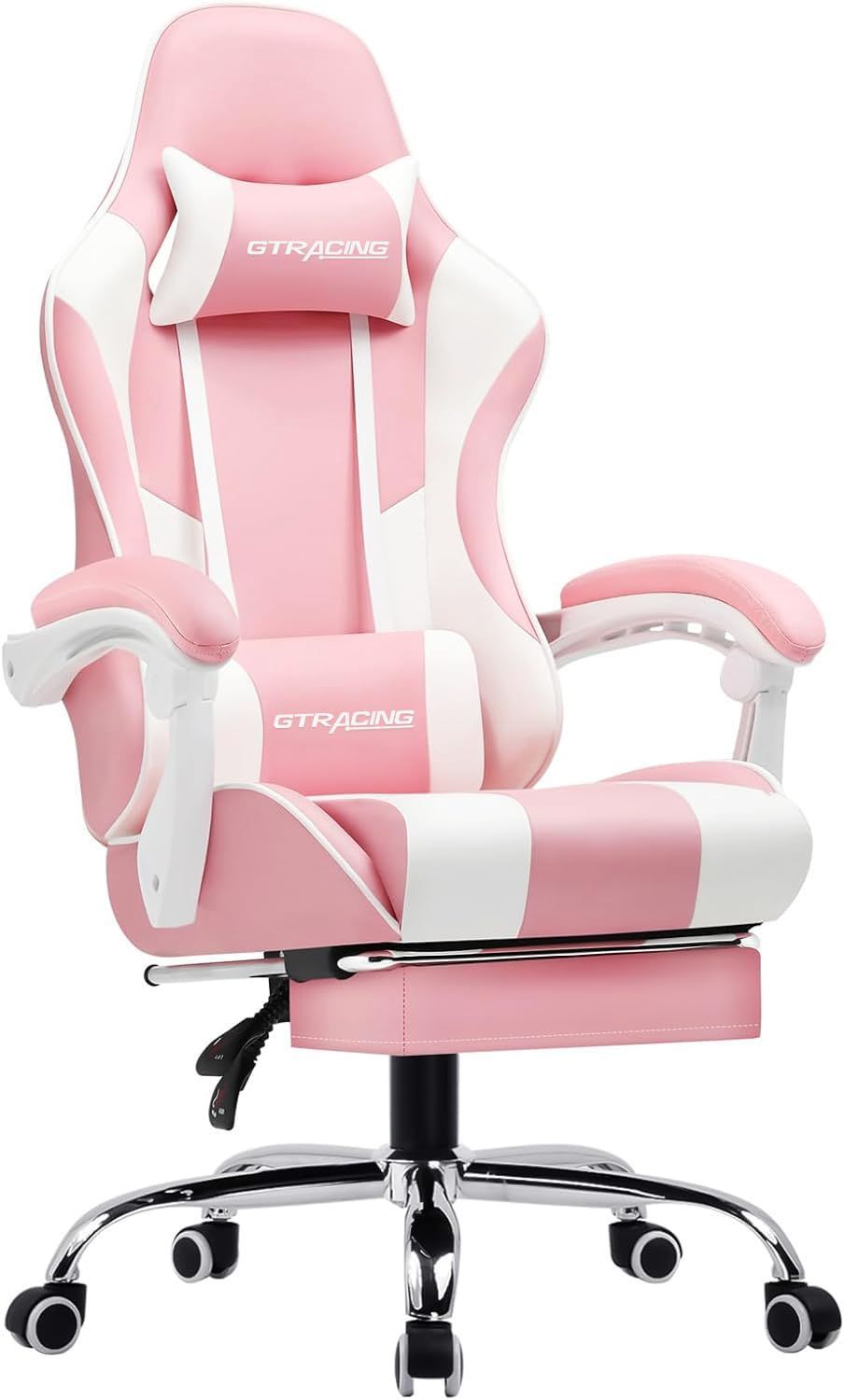 ヘッドレスト ハイバック ゲームチェア デスクチェア ひじ掛け付き デスクチェア テレワーク PUレザー イス パソコンチェア 気孔付き皮革 140°リクライニング 椅子 蒸れない座面 pcチェア オットマン付き GTPlayerシリーズPL800-PINK
