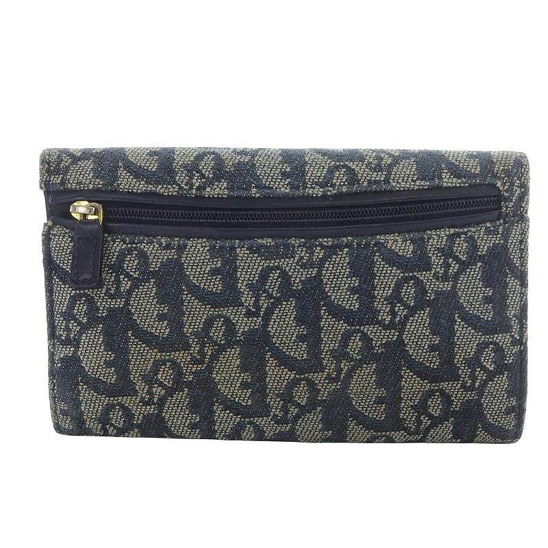 Dior 三つ折り財布 ネイビー/ベージュトロッタサドル ディオール トロッター柄 サドルコンパクト 三つ折り財布