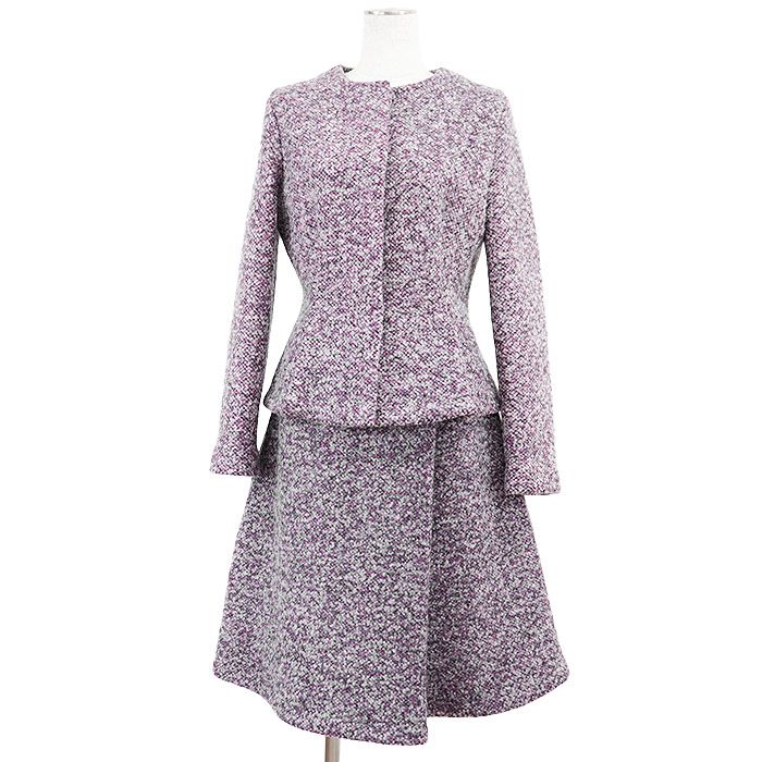 Christian Dior クリスチャン ディオール セットアップ ジャケット スカート ツイード ウール × カシミヤ ノーカラー スーツ レディース サイズ 40 ライトグレー ピンク 薄灰色 桃色 イタリア製