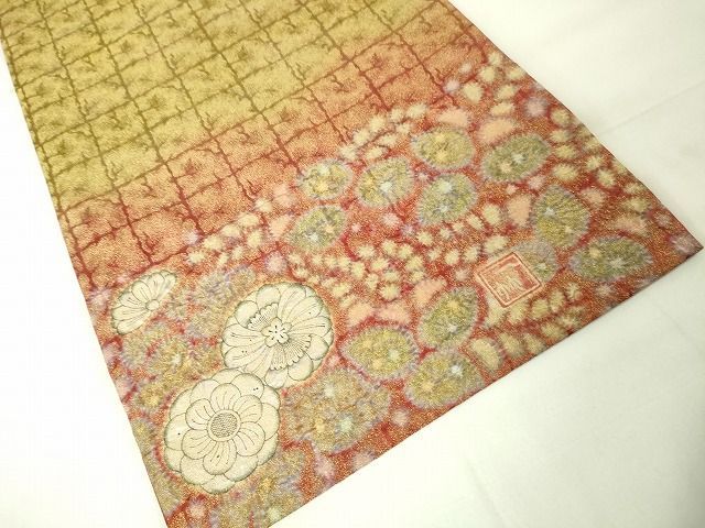 平和屋本店□極上 初代 久保田一竹 幻の辻が花 太鼓柄袋帯 金通し地