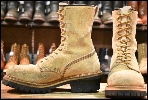 9.5D PT91刺繍 98年 レッドウィング 8218 スエード ロガー タンラフアウト ベージュ 編み上げ ロング ブーツ redwing HOPESMORE FJ187