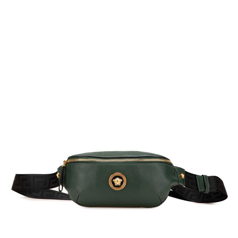 ヴェルサーチェ メデューサロゴ ボディバッグ ウエストバッグ グリーン ブラック レザー レディース VERSACE 1-0209656