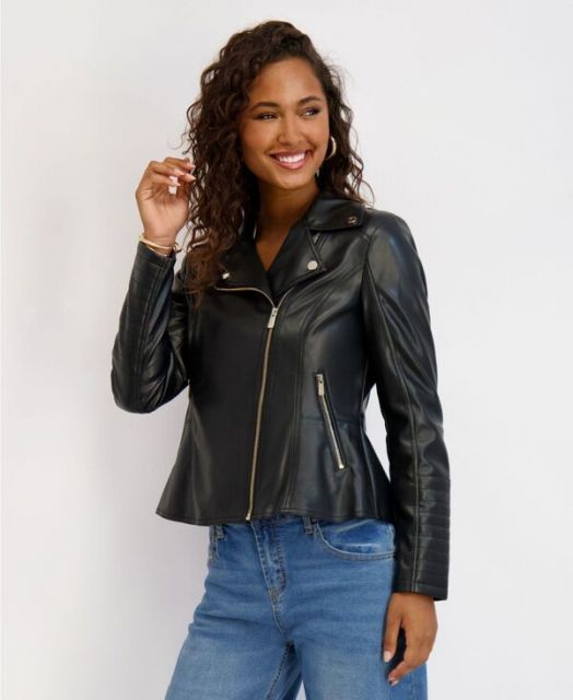 ケンジー レディース ジャケット ブルゾン アウター Women s Asymmetrical PU Peplum Moto Jacket with Quilting Details Black