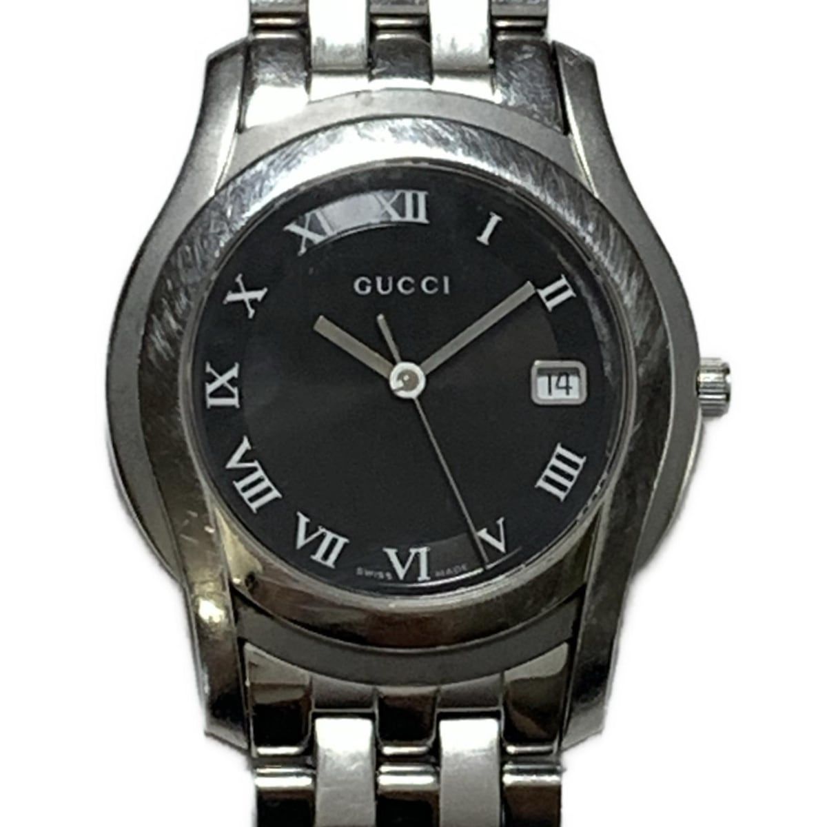 【美品】GUCCI グッチ腕時計 5500M 金属ベルト 黒文字盤 メンズ腕時計 グッチ 腕時計 5500M ラウンド デイト 黒文字盤 ローマン