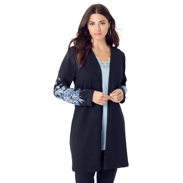 【送料無料】 ロアマンズ レディース ジャケット・ブルゾン アウター Roaman's Women's Plus Size Knit Denim Jacket Dark Wash Bouquet