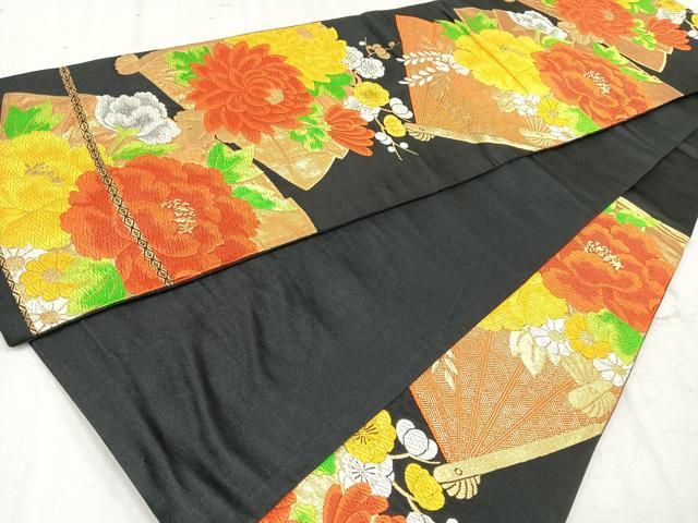 平和屋着物◎六通柄袋帯 唐織 扇面花文 黒地 金銀糸 正絹 逸品