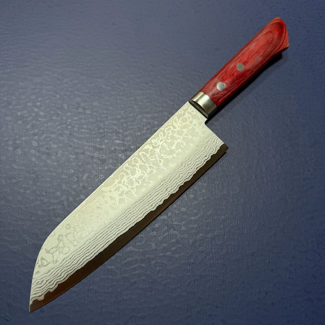 訓平作 三徳 包丁 170mm 彩流 積層ダマスカス V金10号 赤柄 越前打刃物