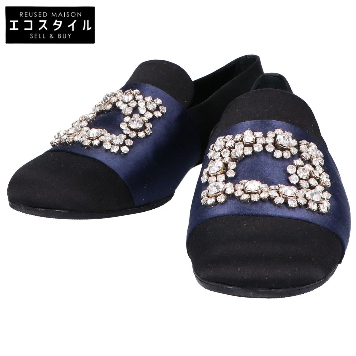 Roger Vivier ロジェヴィヴィエ RVW30018370RS01993 ブラック×ネイビー フラワーストラス ビジュークリスタル サテン フラットシューズ 36