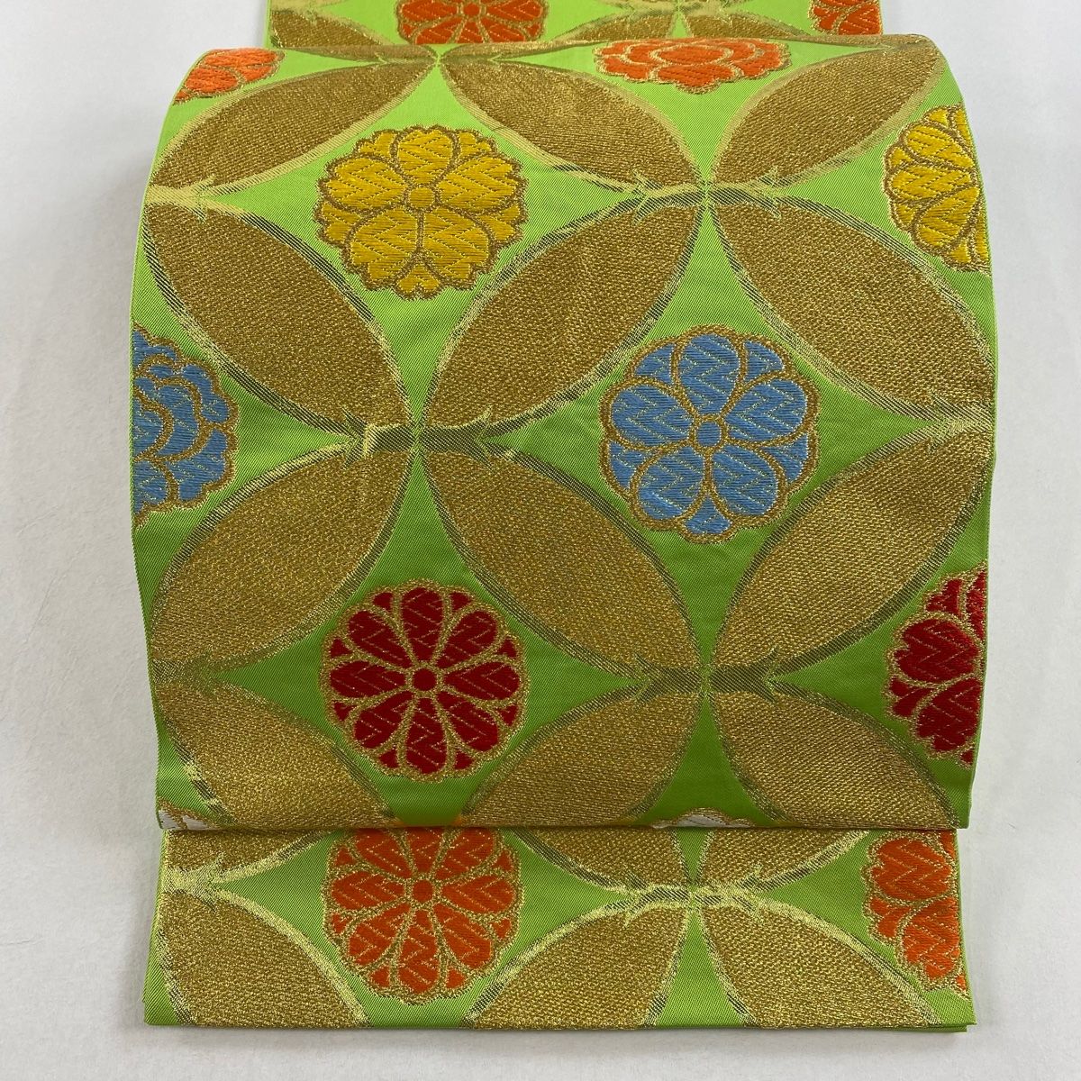 袋帯 名品 川島織物 落款 七宝繋ぎ 花 金糸 箔 黄緑色 全通 正絹