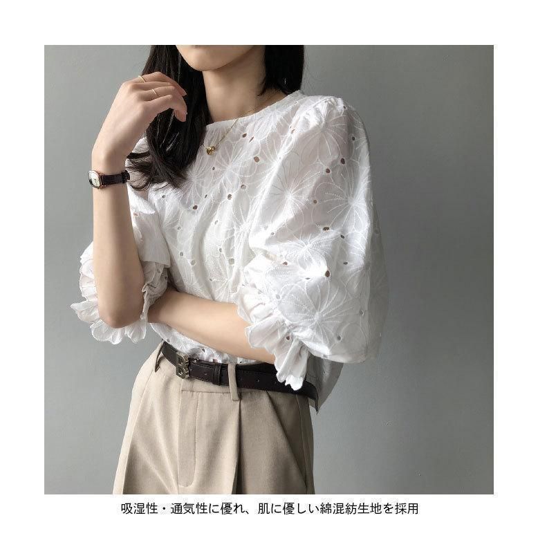ブラウス 7分丈袖 森ガール レディース サマーブラウス ゆったり レトロ 花柄 刺繍 穴開き 綿混 7分丈袖ブラウス パフスリーブ ブラウス 7分丈袖 森ガール レディース サマーブラウス ゆったり