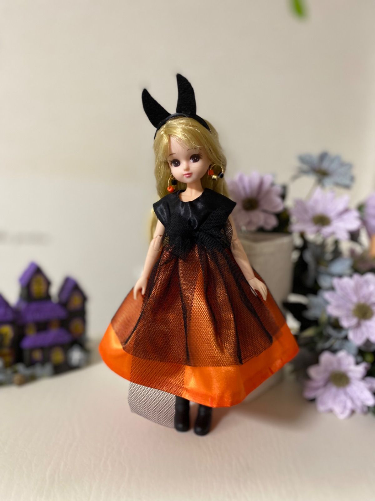 リカちゃんハンドメイド服 ハロウィンカチューシャ付きドレス３点