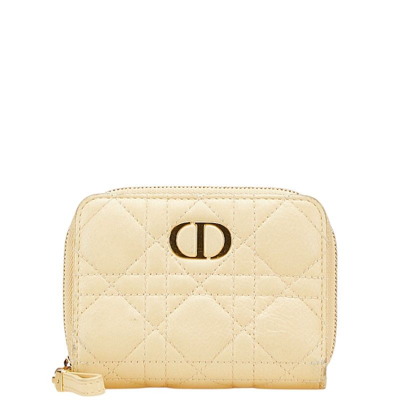 クリスチャンディオール カナージュ ラウンドファスナー 二つ折り財布 ベージュ レザー レディース Christian Dior【1-0209416】
