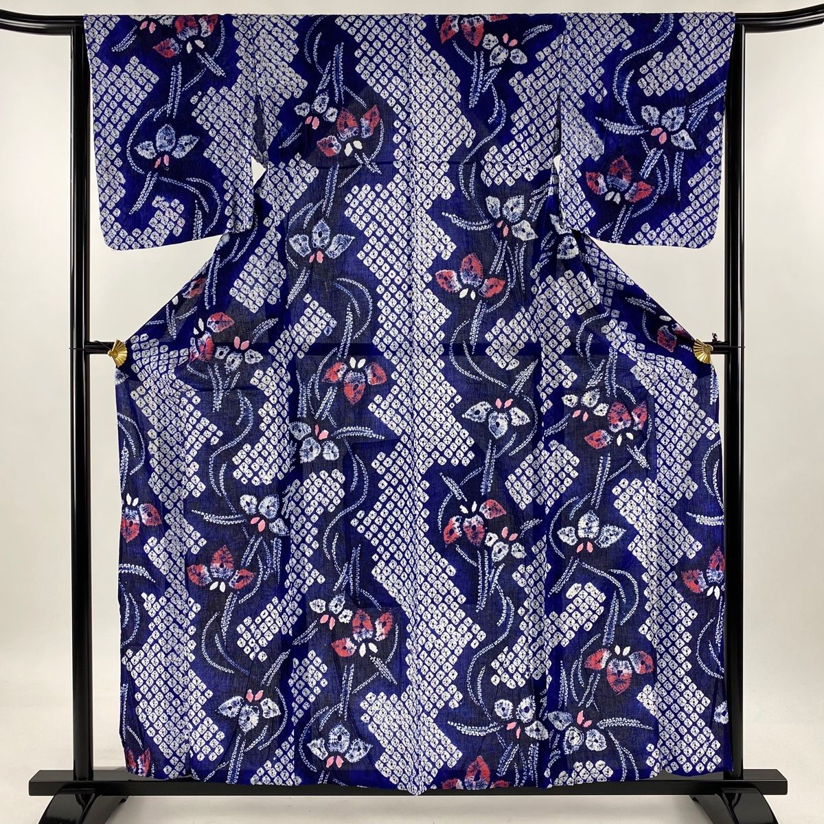 浴衣 身丈159cm 裄丈63.5cm S 絞り浴衣 菖蒲 流水 青紫 綿 名品