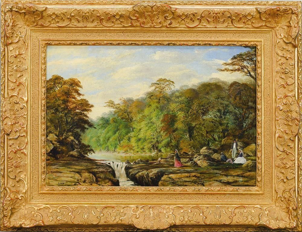 WISH サイン有 I.H.S 油彩 6号大 河風景 古い絵 19世紀頃 滝辺に憩う人々のロマン画 25092539