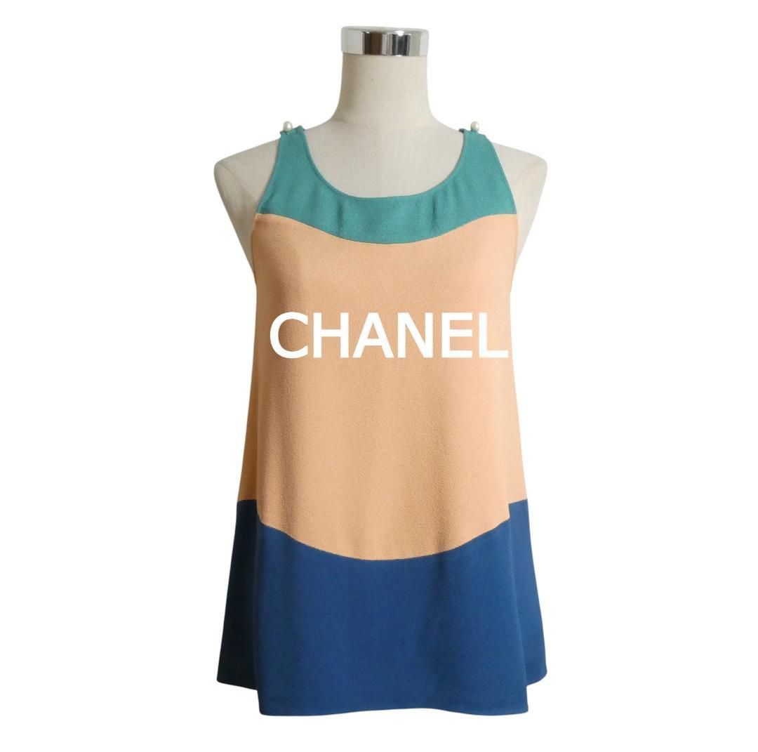 CHANEL シャネル サイズ34 B4912 P47830 ココマーク レーヨン パールボタン クルーネック ノースリーブ ブラウス カットソー トップス チュニック マルチ