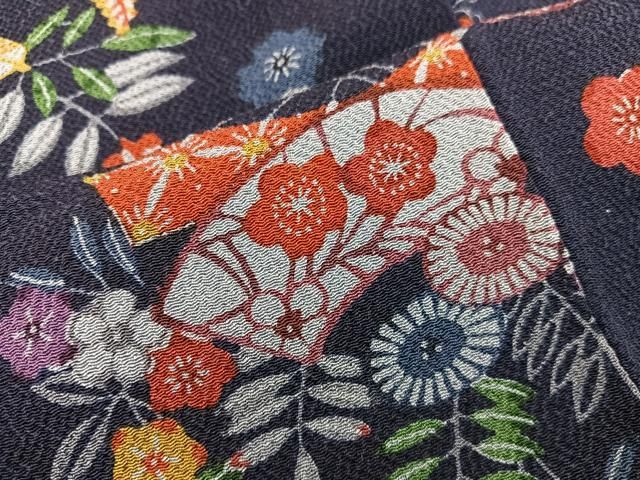 ❤️大人可愛い小紋袷　型染め花蝶風景文様　鬼シボ縮緬✨超美品トールサイズ　新品畳紙 友禅 小紋】 鬼縮緬 袷 小紋(正絹) 綺麗 )^o^( 鬼 ちりめん