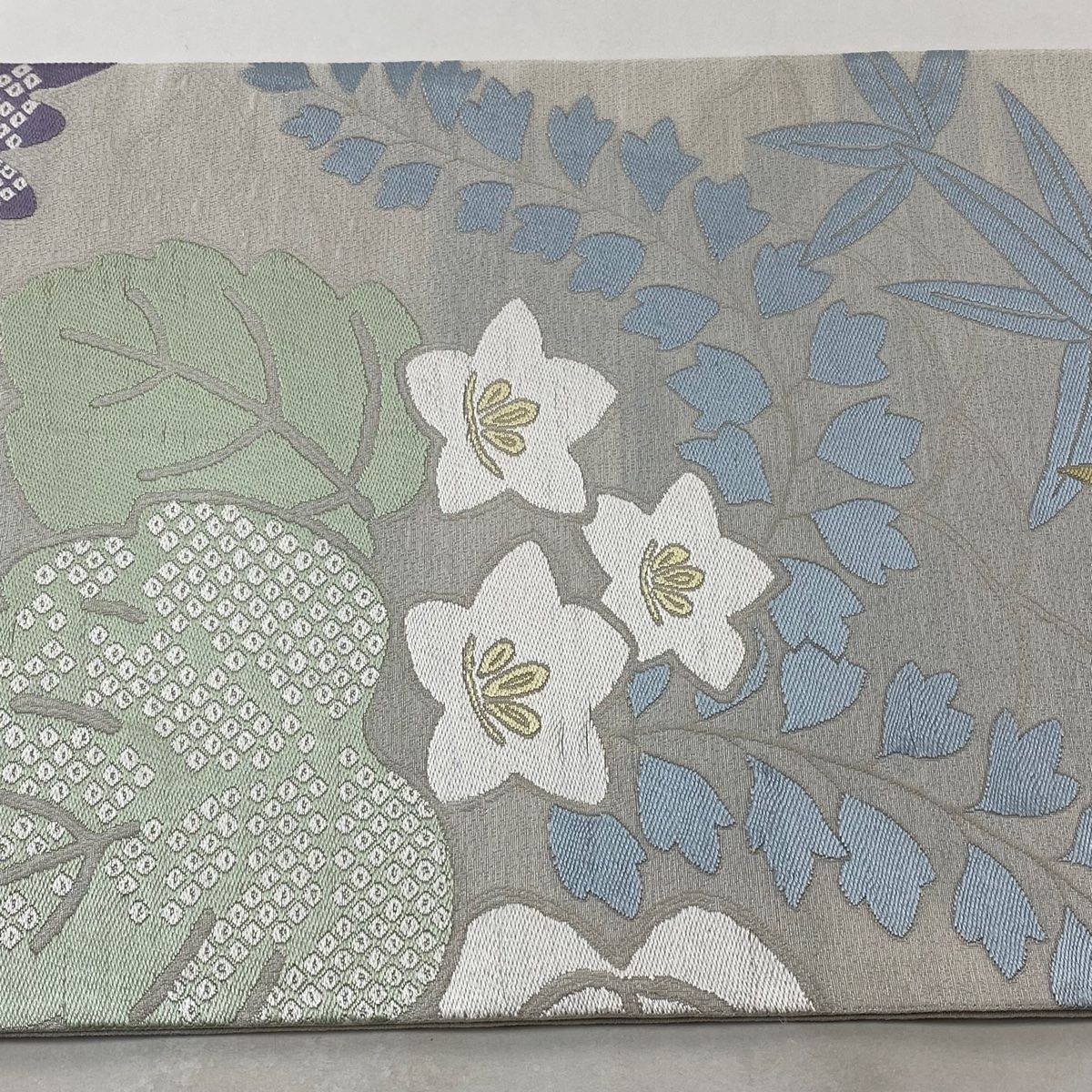 袋帯 美品 優品 扇 花束 唐織 箔 青灰色 六通 正絹 【中古】 袋帯 美 袋帯 美品 優品 扇 花束 唐織 箔 青灰色 六通 正絹 【中古】 袋帯 美
