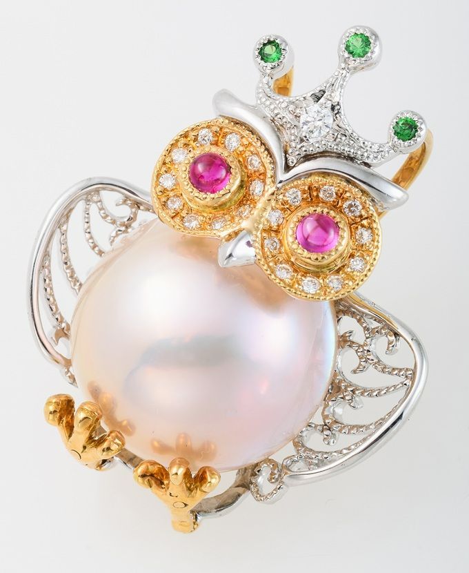 K18YG WG マベパール ルビー グリーンガーネット ダイヤモンド ペンダント ふくろうモチーフ 品番b23-318