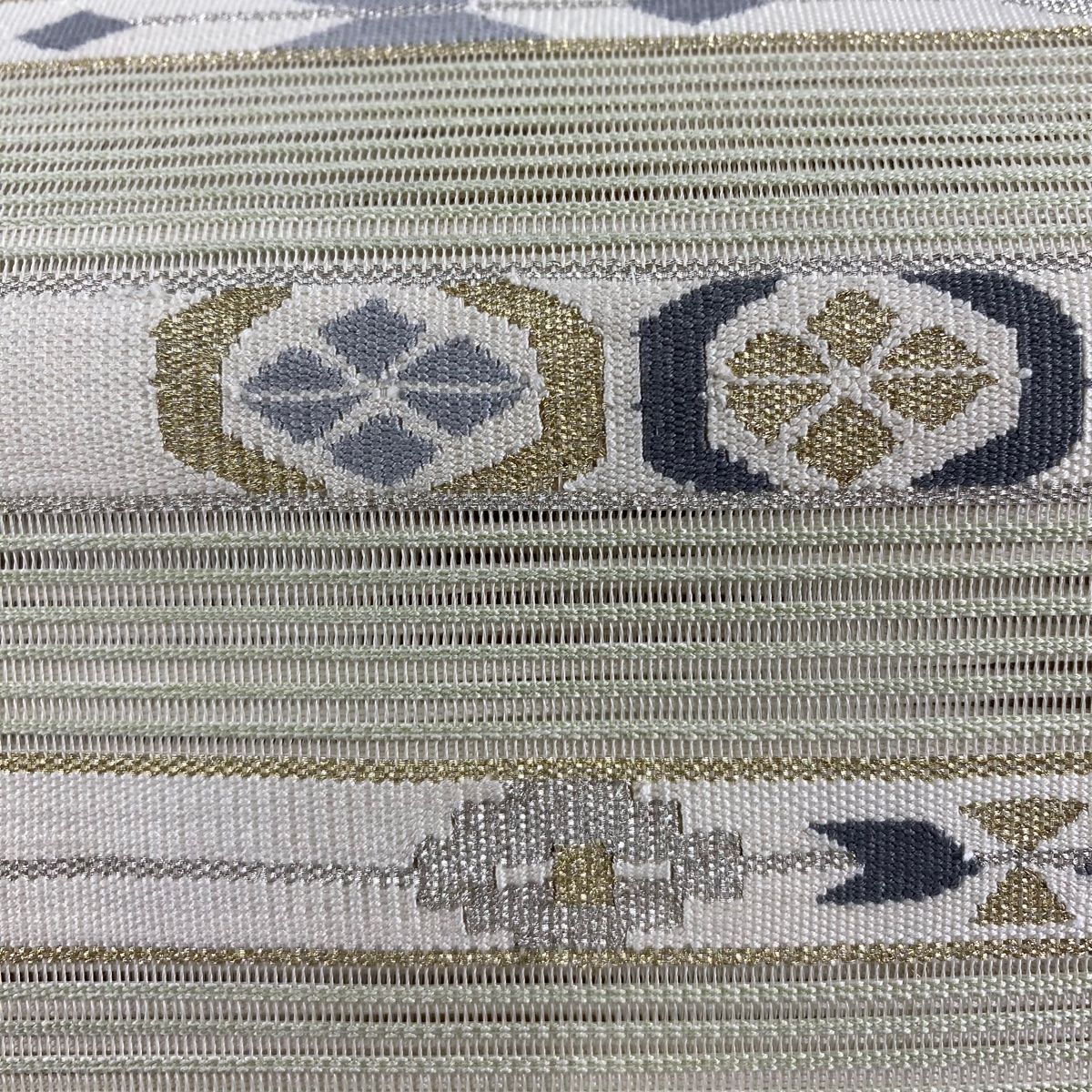 名古屋帯 秀品 夏帯 八寸名古屋帯 花 幾何学模様 金銀糸 白 正絹