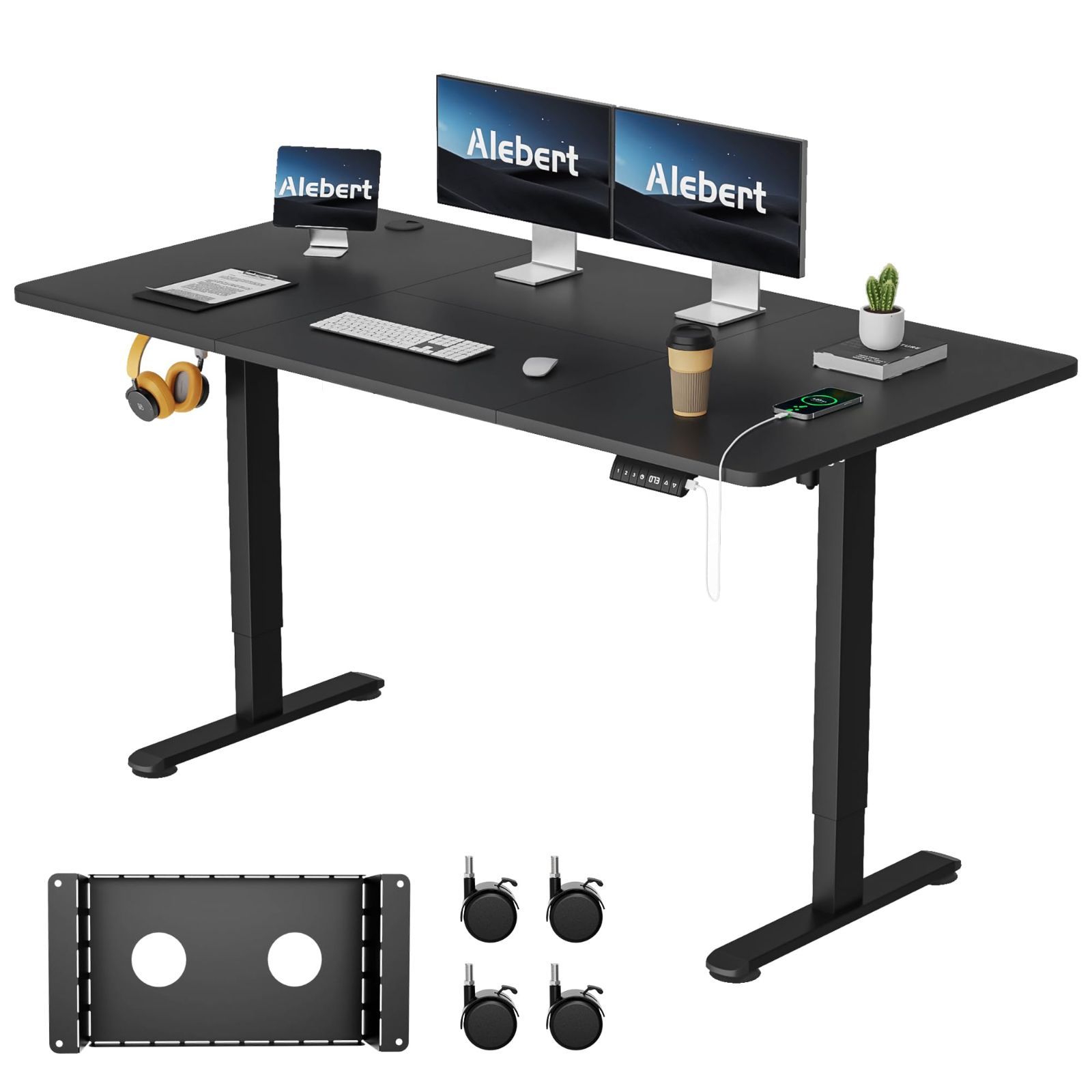 Alebert 電動昇降デスク スタンディングデスク 幅140*奥行70cm 入り替え用キャスター付き 収納ボックス付き USB充電 高さメモリー機能 障害検知 静音 ゲーミングデスク パソコンデスク 昇降式テーブル オフィスワークテーブル 作
