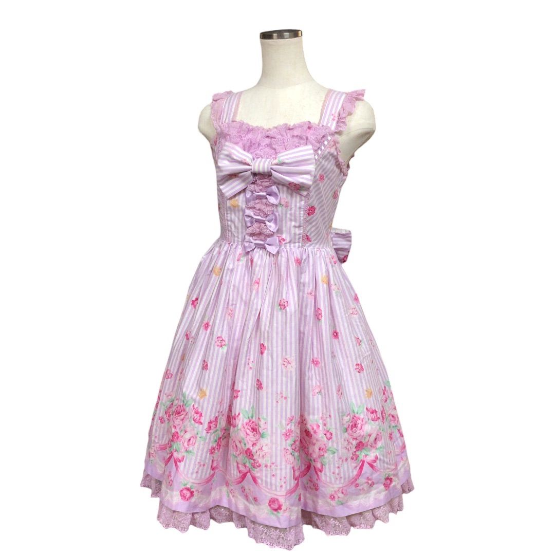 中古品】Angelic Pretty アンジェリックプリティ Tiara Rose JSK ワンピース ジャンパースカート リボン フリル レース  ストライプ 花柄 薔薇 ロリータ ピンク パープル - メルカリ