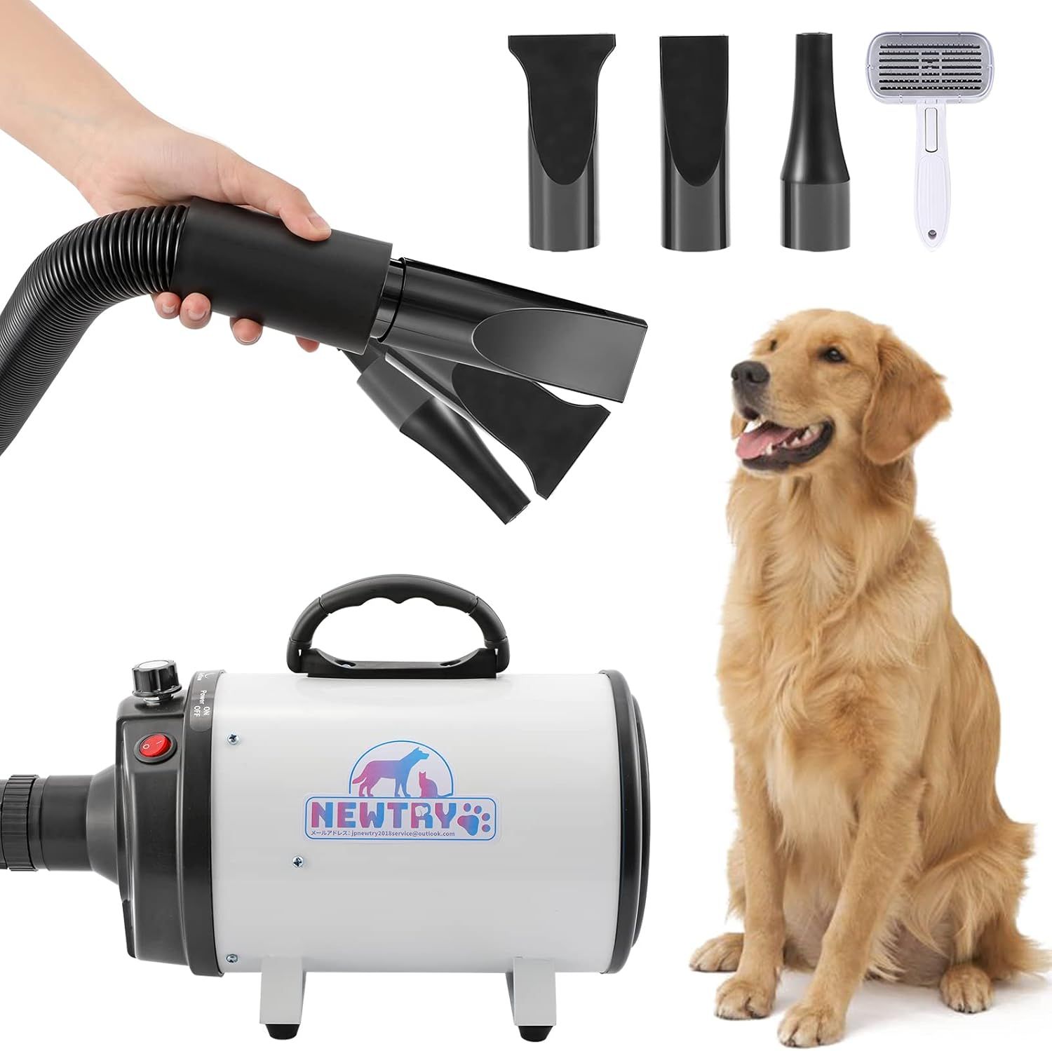NEWTRY ペットドライヤー 犬用 ペット用 ドライヤー ブロワー 送風機 無段階速度制御 3つのノズル付き ブラシ付き 風速 温度調整 大風量 騒音低減 100V 50Hz|60Hz 650-1800W 白