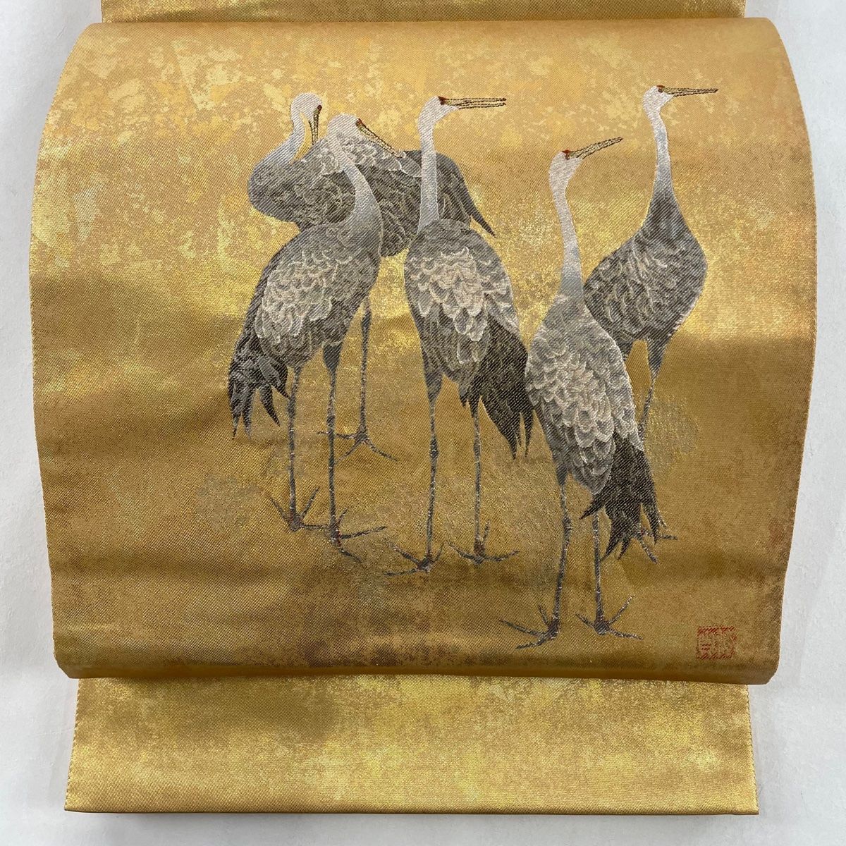 袋帯 美品 秀品 落款 鳥 箔 刺繍 金色 お太鼓柄 正絹 【中古